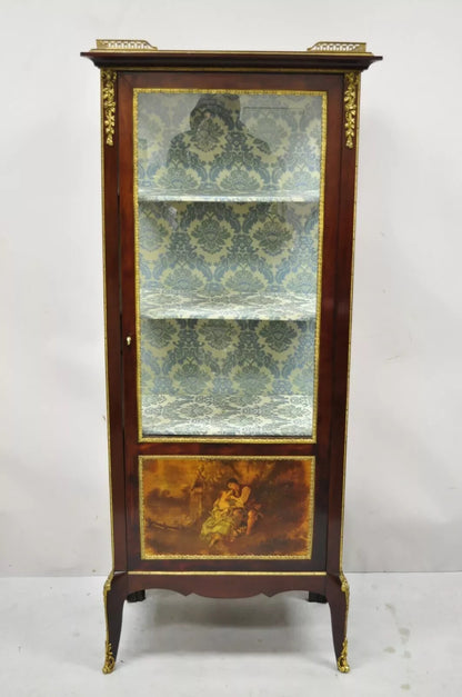 Antique French Louis XV Style Bronze Mount Hand Painted Curio Display Cabinet