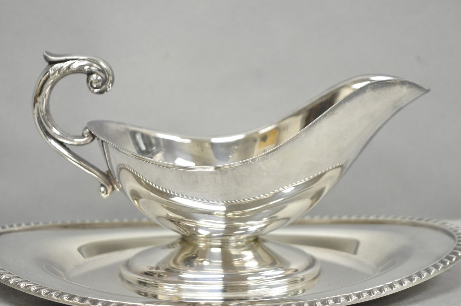 Vintage Crescent Victorian Silver Plated Gravy Sauce Boat on Attached Dish Plate