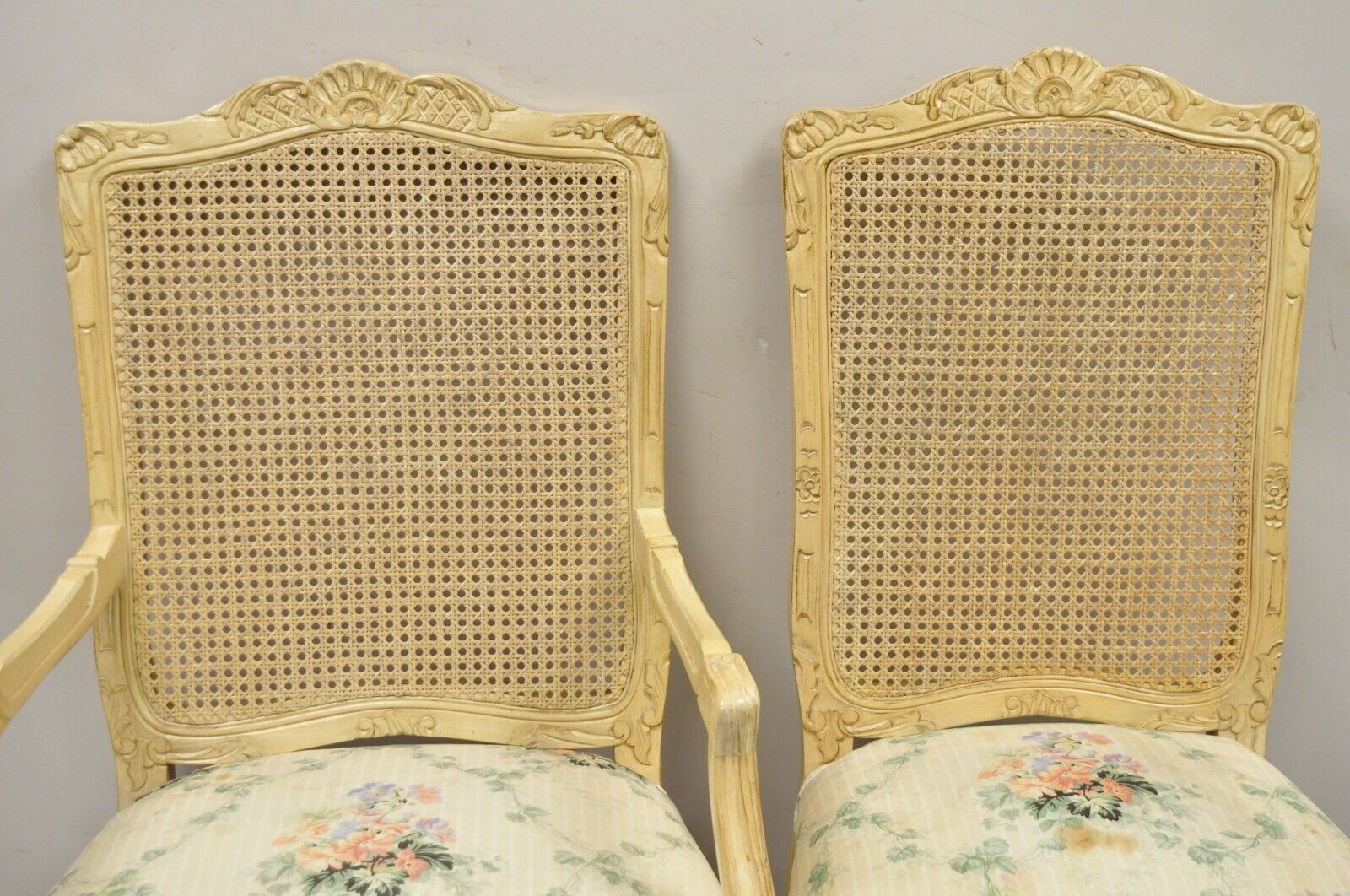 Vintage French Louis XV Provincial Style Cane Back Cream Dining Chairs- Set of 6