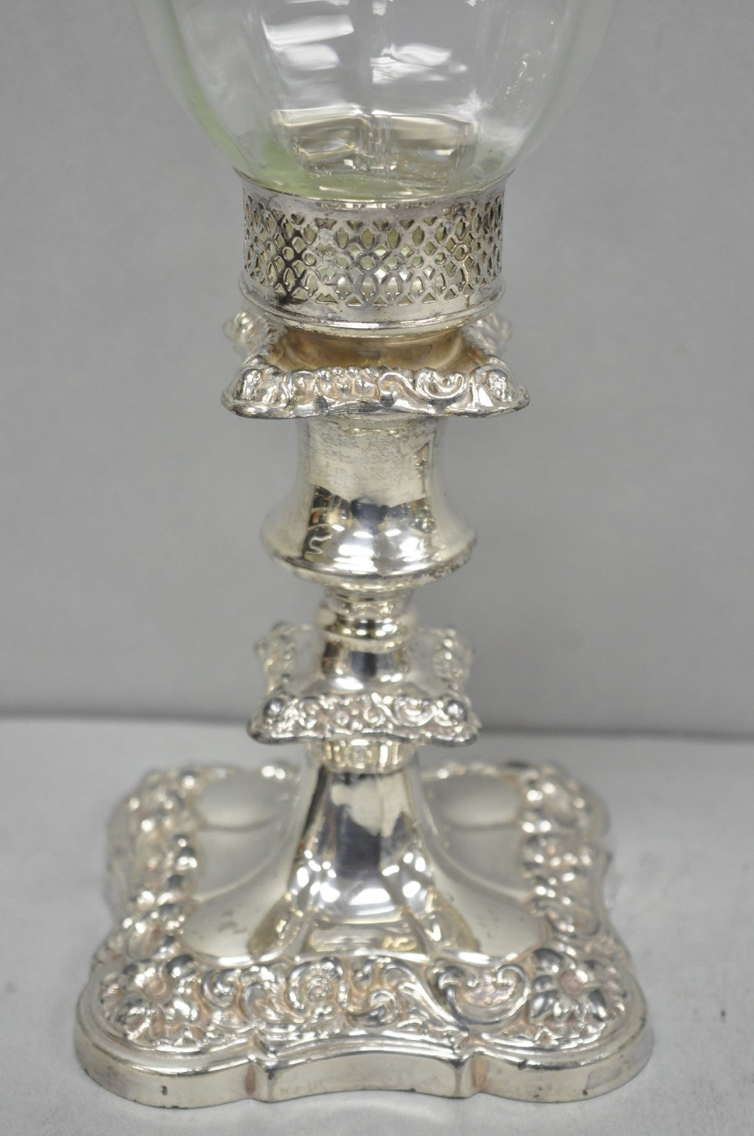 Antique Victorian Silver Plated Glass Hurricane Lamp Shade Candlestick - Pair