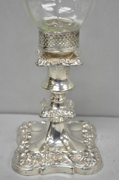 Antique Victorian Silver Plated Glass Hurricane Lamp Shade Candlestick - Pair