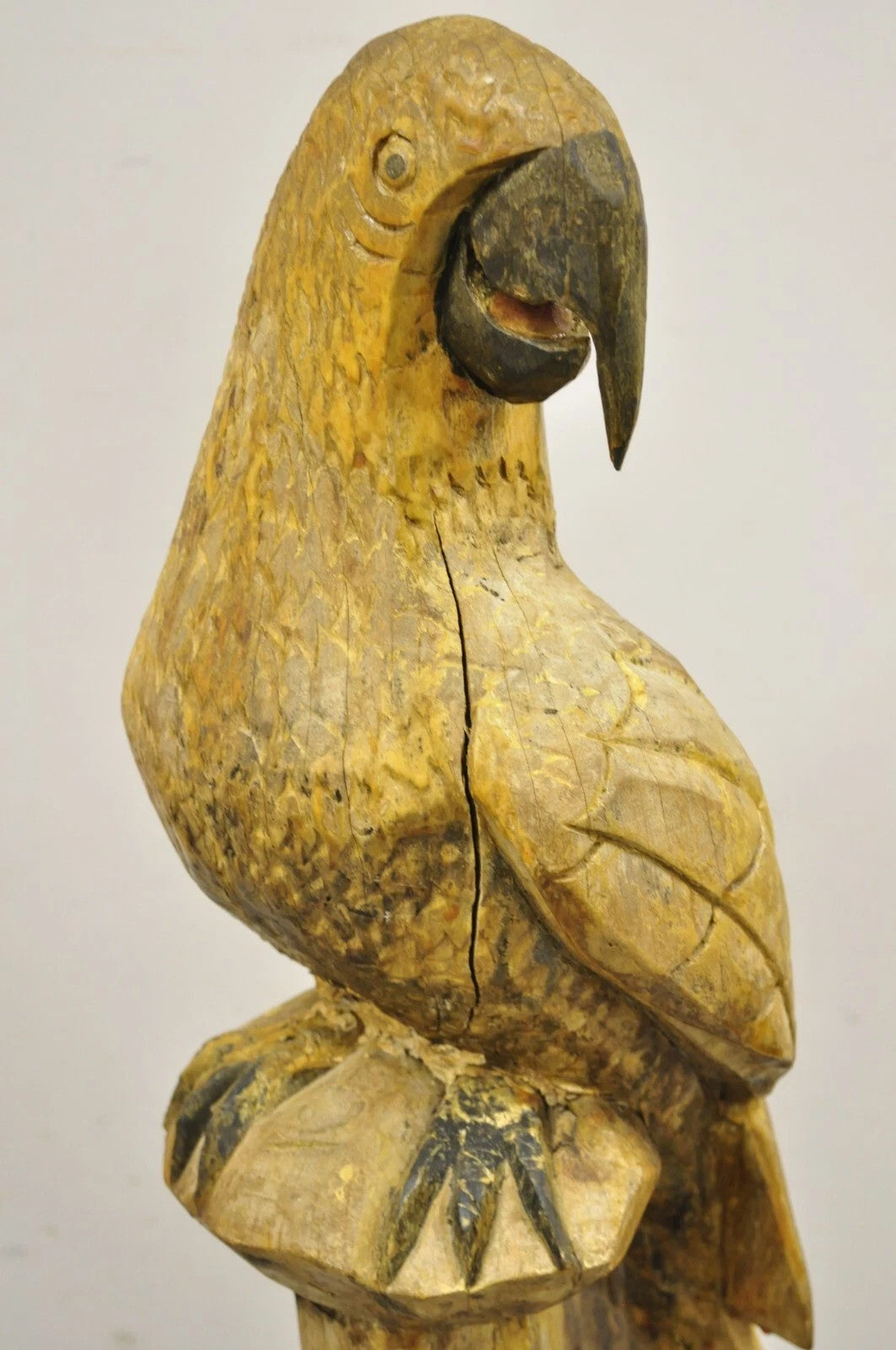Large 46" Vintage Mid Century Carved Wood Perched Parrot Bird Statue Sculpture