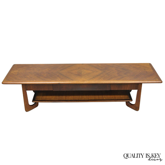 Vintage Mid Century Danish Modern Sculptural Walnut 1 Drawer Long Coffee Table