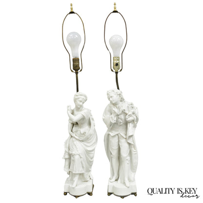 Victorian White Parian Porcelain Figural Bisque Man and Woman Table Lamps, Pair