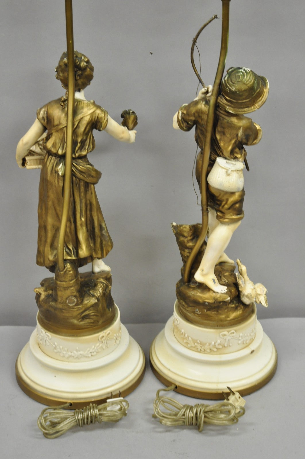 Antique French Victorian Moreau Figural Metal Boy and Girl Table Lamps (B), Pair