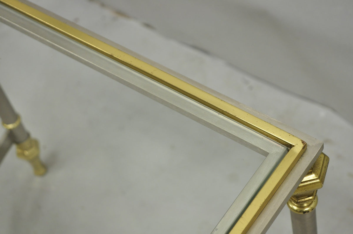 Vintage French Directoire Maison Jansen Style Steel Brass Low Square Side Table