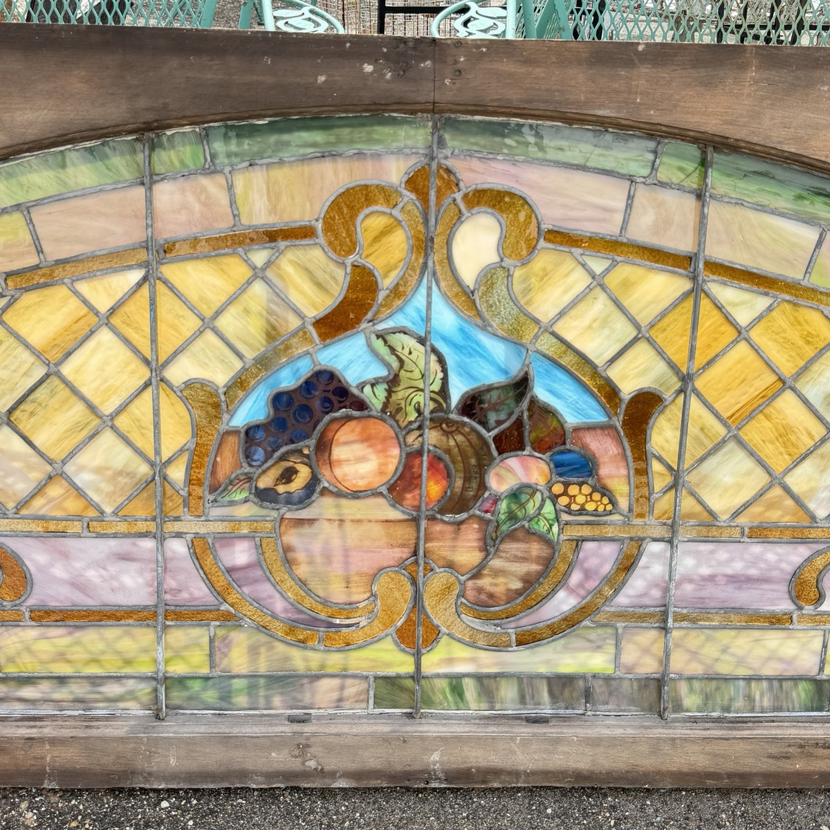 Antique Art Nouveau Colored Stained Glass Fruit 27 x 75 Arched Transom Window, A