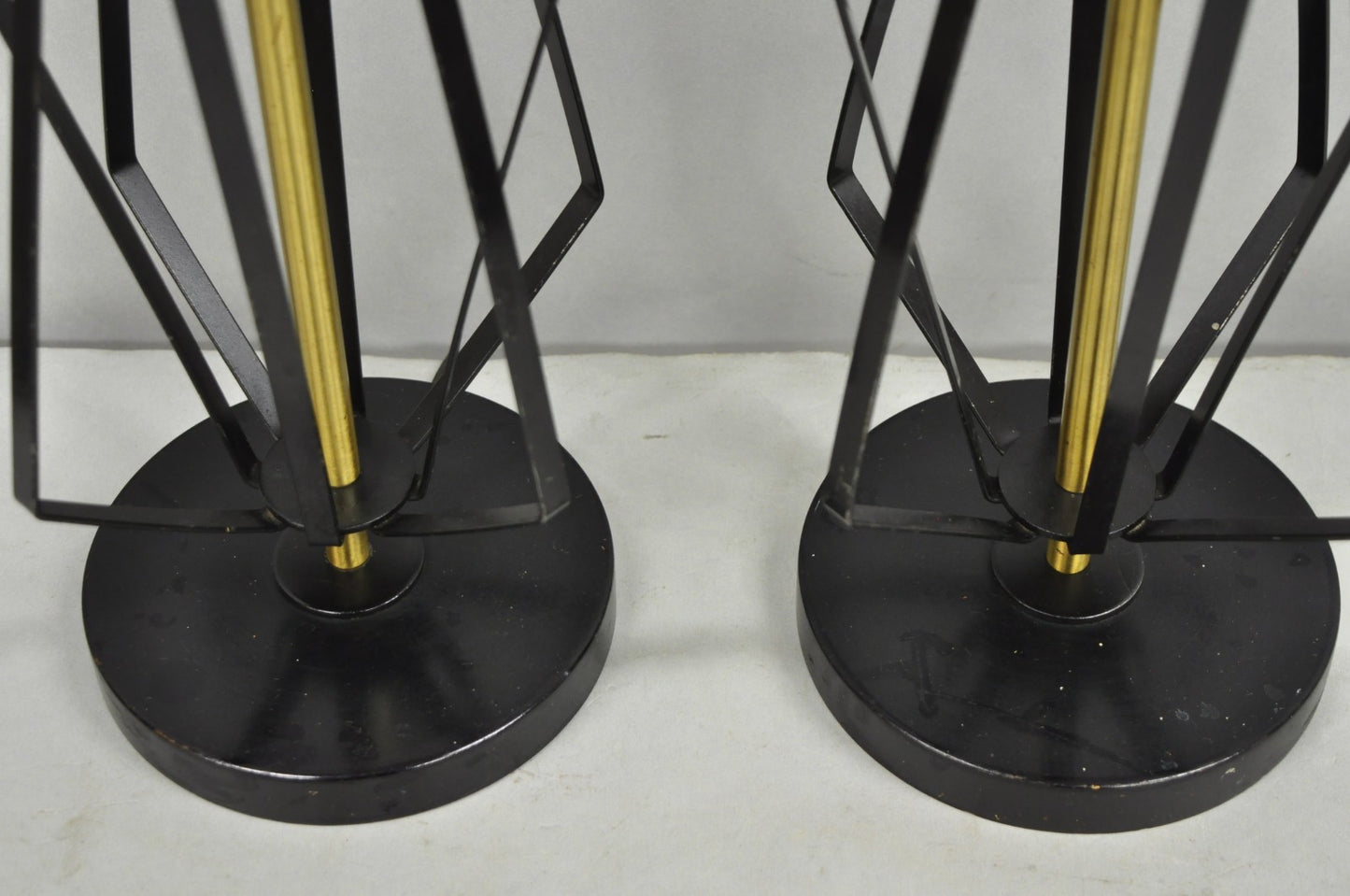 Vintage Mid Century Modern Black Metal & Brass Geometric Helix Table Lamps Pair