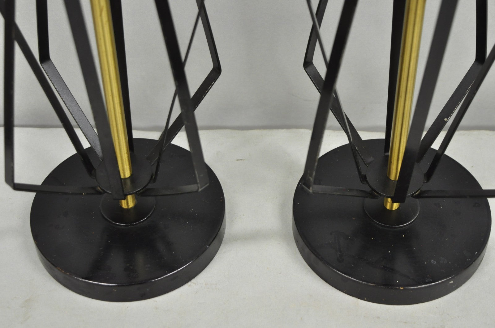 Vintage Mid Century Modern Black Metal & Brass Geometric Helix Table Lamps Pair