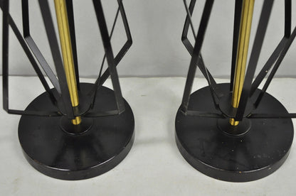 Vintage Mid Century Modern Black Metal & Brass Geometric Helix Table Lamps Pair