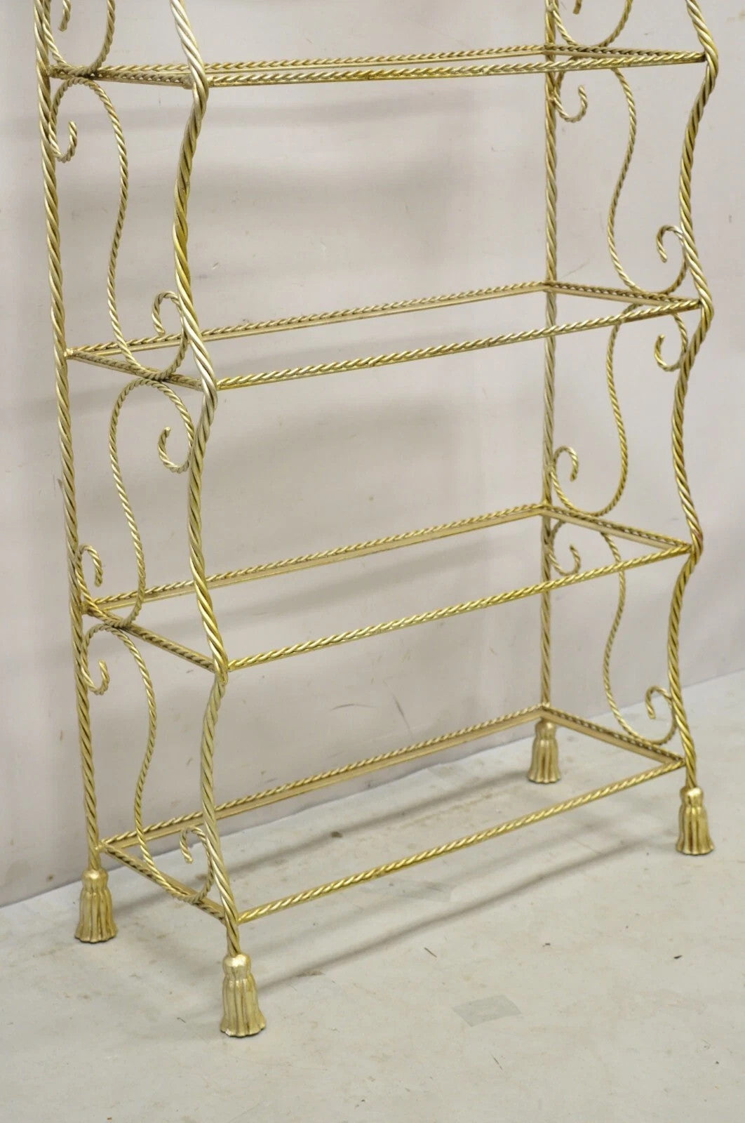 Italian Hollywood Regency Iron Rope Tassel Silver Gold 5 Tier Etagere Bookcase