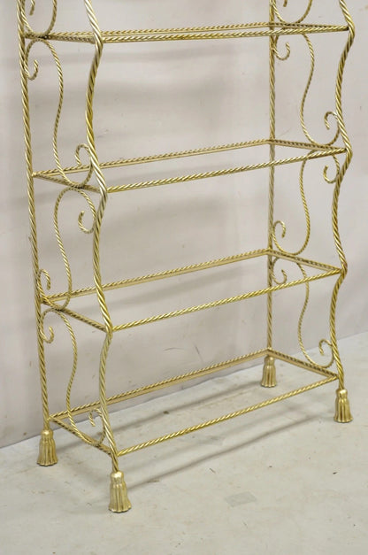 Italian Hollywood Regency Iron Rope Tassel Silver Gold 5 Tier Etagere Bookcase