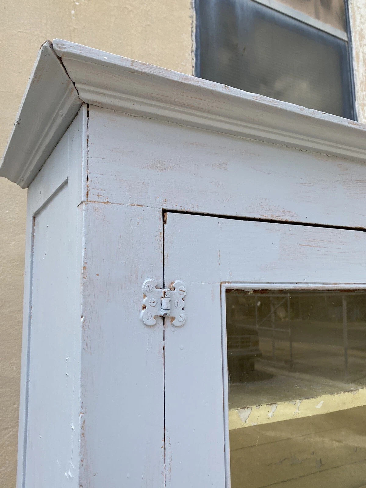 Antique French Country Farmhouse White 2 Piece Step Back Hutch Kitchen Cupboard