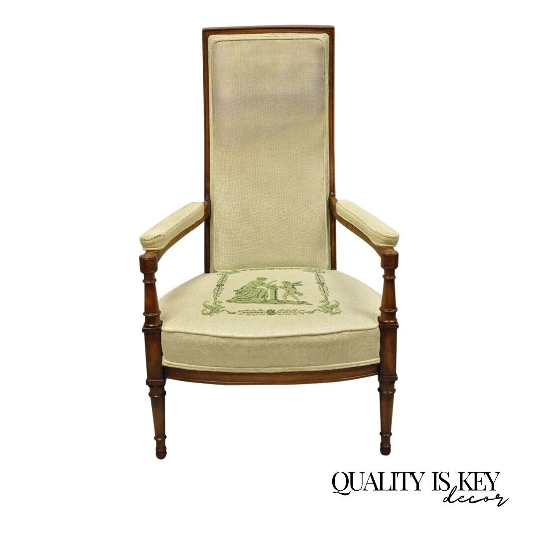 Vintage Italian Hollywood Regency Tall Back Upholstered Cherry Lounge Arm Chair