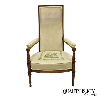 Vintage Italian Hollywood Regency Tall Back Upholstered Cherry Lounge Arm Chair