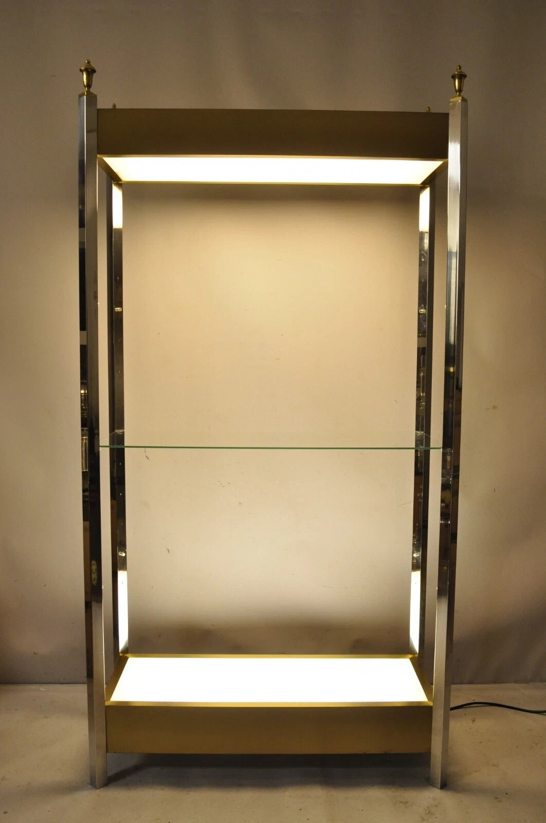 Vintage Mid Century Modern Lighted Chrome & Brass Etagere Display Shelf Curio