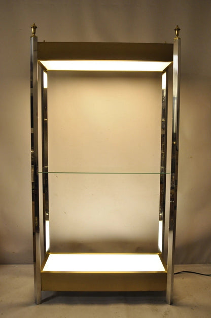 Vintage Mid Century Modern Lighted Chrome & Brass Etagere Display Shelf Curio