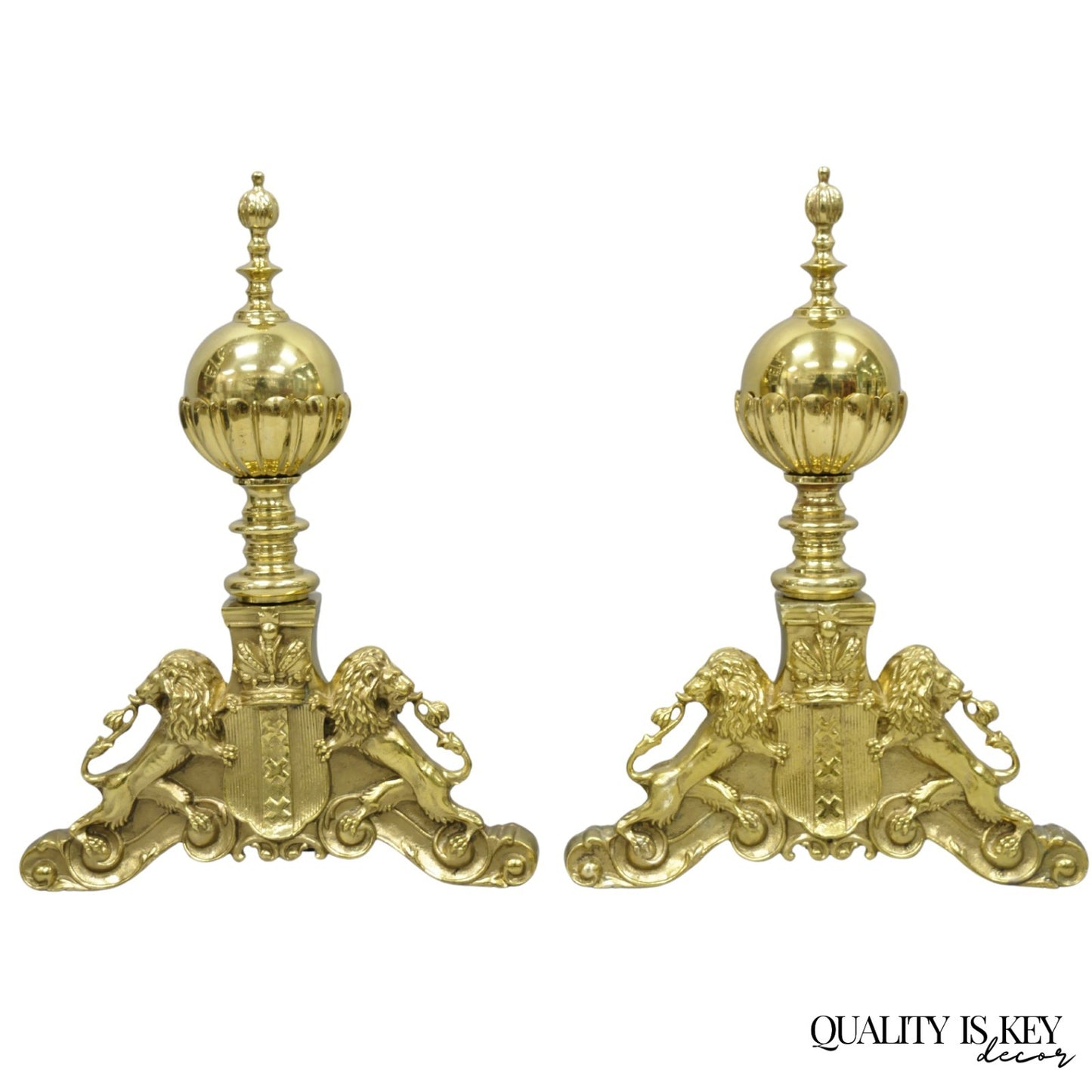 French Empire Renaissance Brass Lion Coat of Arms Cannonball Andirons - a Pair