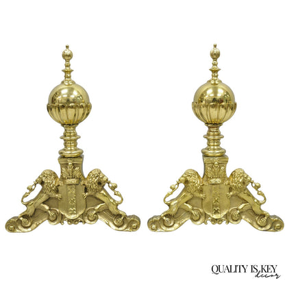 French Empire Renaissance Brass Lion Coat of Arms Cannonball Andirons - a Pair