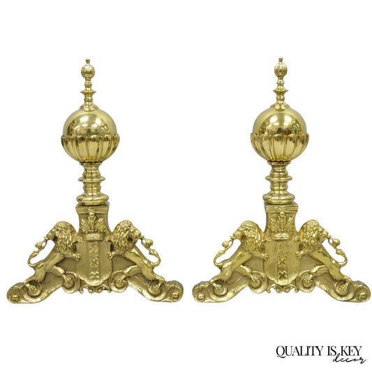 French Empire Renaissance Brass Lion Coat of Arms Cannonball Andirons - a Pair