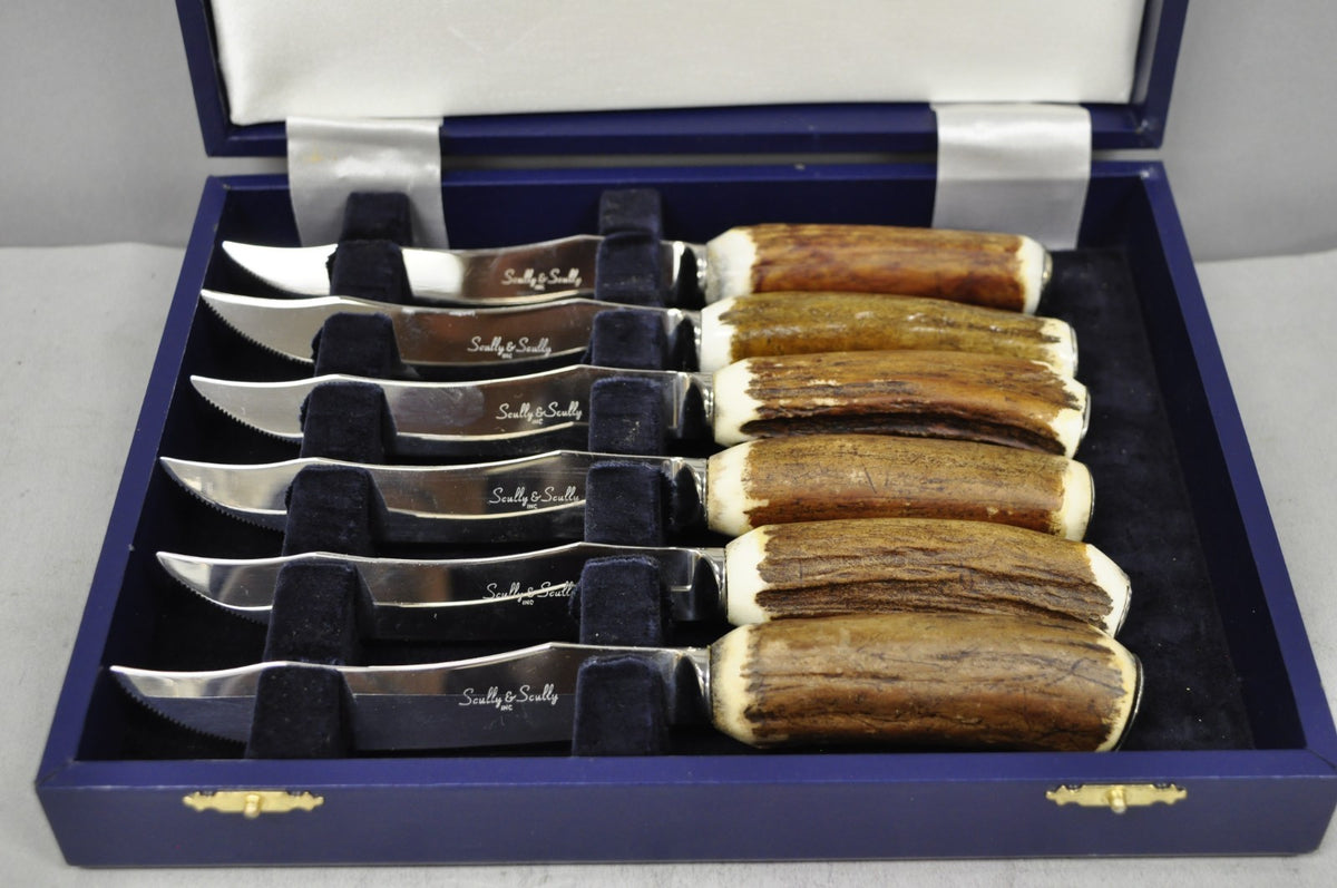 Scully & Scully Arts & Crafts Natural Staghorn Handle Steak Knives - Set of 6