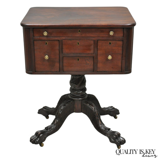 Antique American Empire Carved Paw Foot Pedestal Base Work Stand Side Table