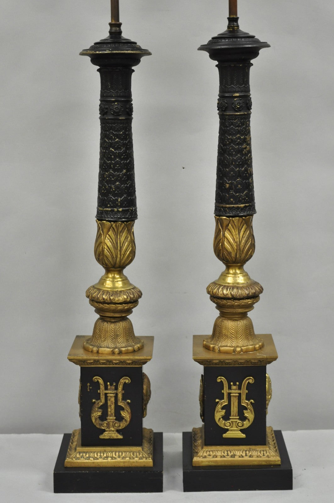 Antique French Empire Style Figural Black & Gold Tall Column Table Lamps - Pair