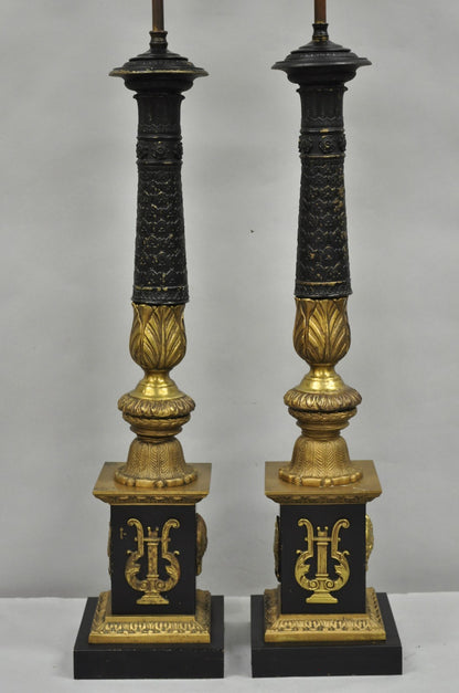Antique French Empire Style Figural Black & Gold Tall Column Table Lamps - Pair