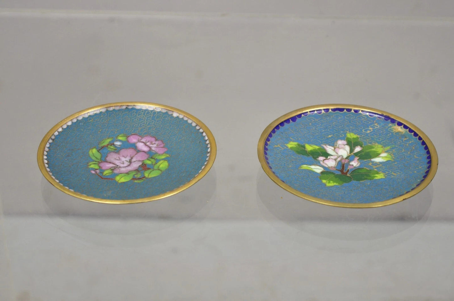 Vintage Brass Enamel Blue & Gold Floral Cloisonne Small Trinket Dish Set - Pair