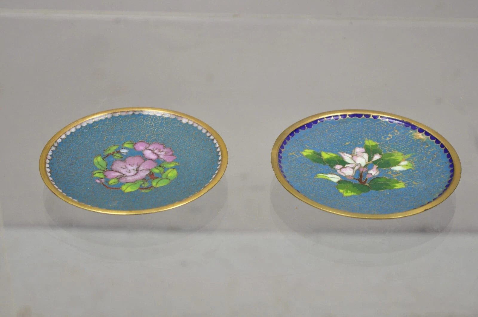 Vintage Brass Enamel Blue & Gold Floral Cloisonne Small Trinket Dish Set - Pair
