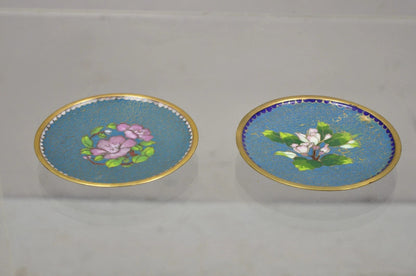 Vintage Brass Enamel Blue & Gold Floral Cloisonne Small Trinket Dish Set - Pair