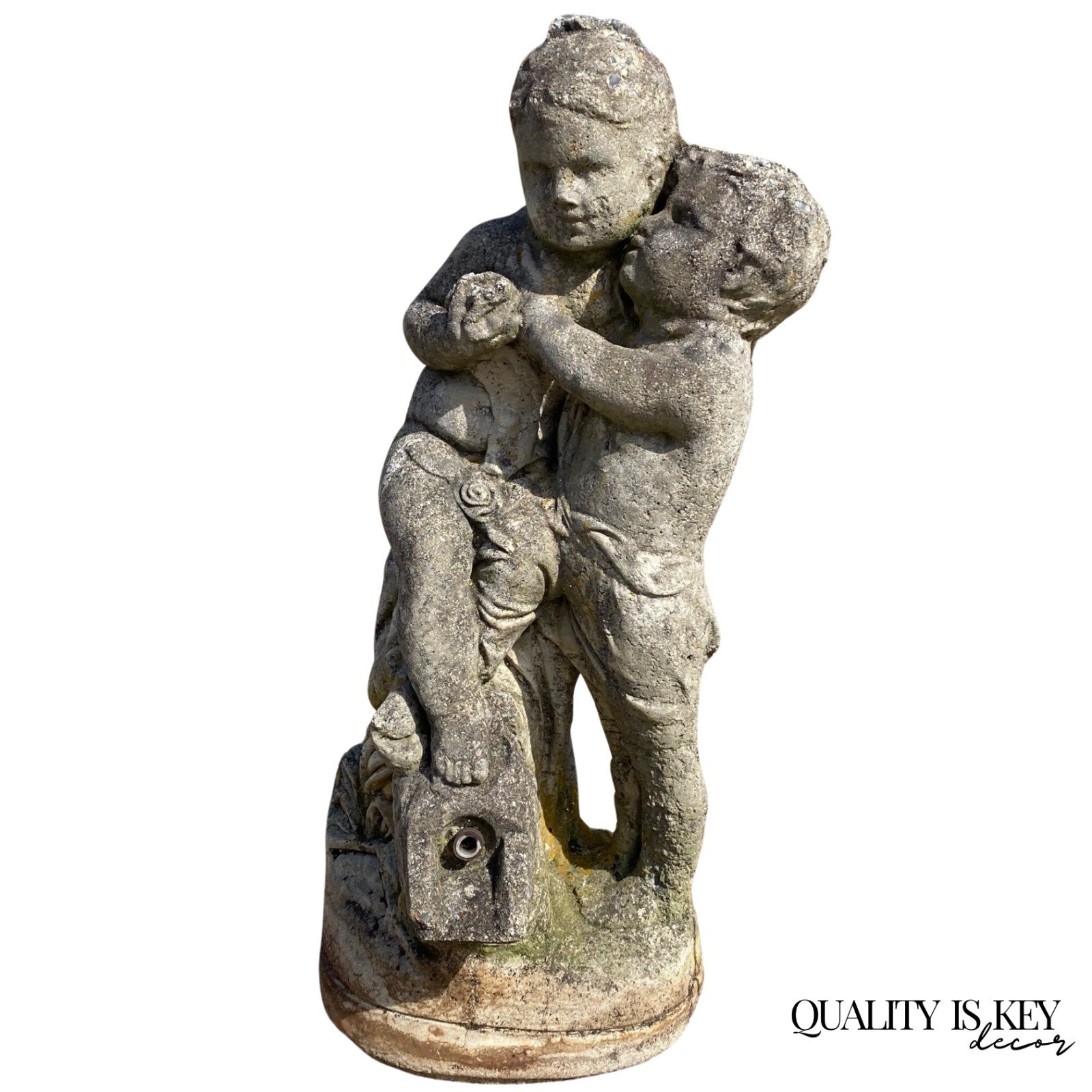 French Neoclassical Small Concrete Figural Cherub Garden Statue Water Fountain