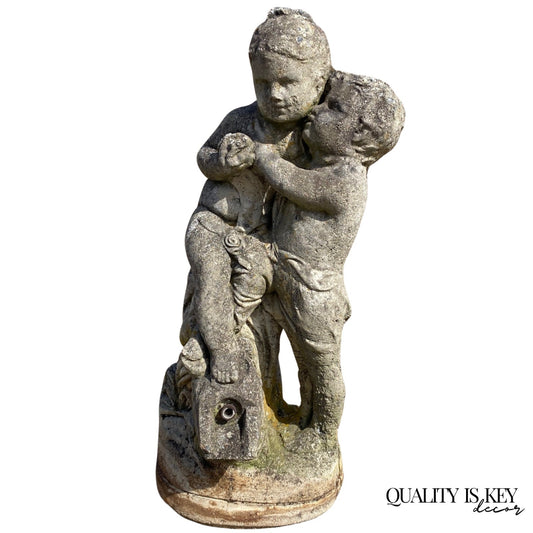 French Neoclassical Small Concrete Figural Cherub Garden Statue Water Fountain