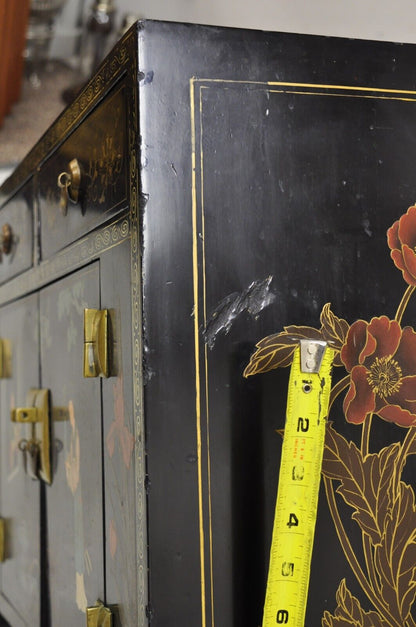 Vintage Chinese Oriental Small Asian Black Lacquer Painted Cabinets -  a Pair