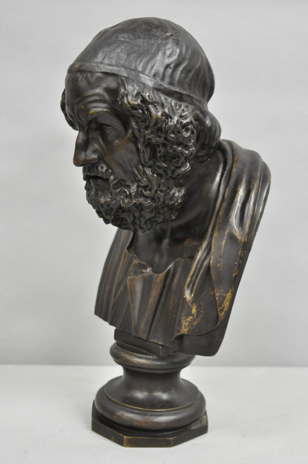 Vintage Greek Classical Style Patinated Cast Bronze Bust Sculpture of Homer