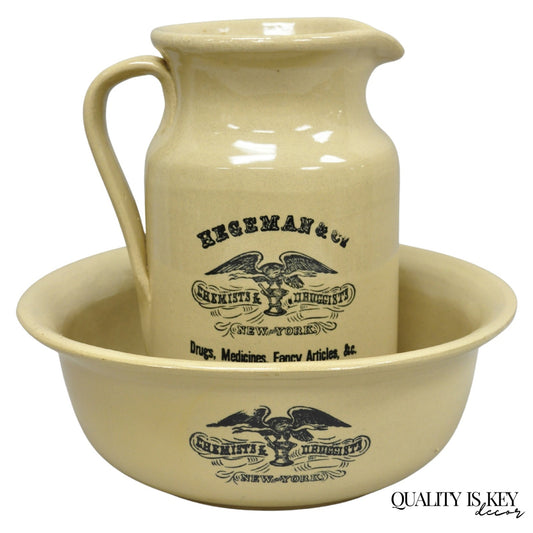 Hegeman & Co. Large Pitcher w Basin 1837 Stoneware Drugs Medicines NY Apothecary