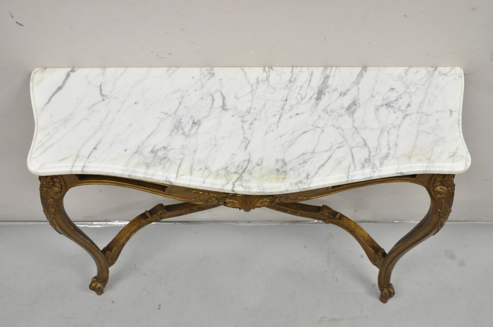 Vintage French Louis XV Style Marble Top Gold Wall Mounted Console Table