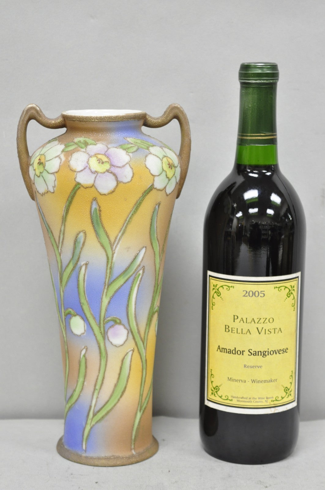 Nippon Coralene Decorated Royal Kinjo Japan Hand Painted Porcelain Handled Vase