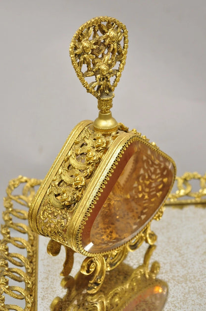 Vintage French Gold Filigree Vanity Set Perfume Clock Jewelry Box & Tray - 5 Pcs