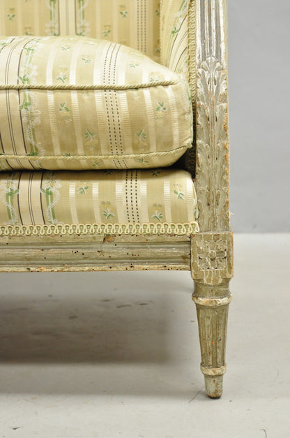 Antique French Louis XVI Style Cream Distress Painted Petite Canape Settee Sofa