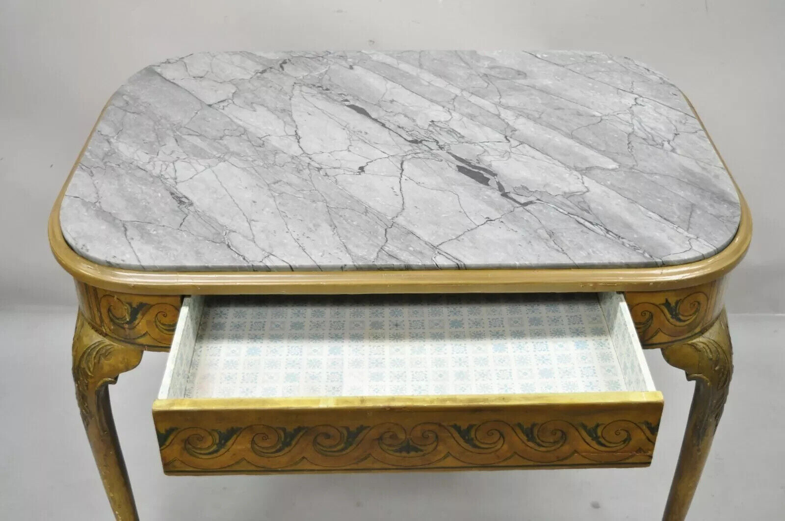 Antique French Adams Style Hand Painted Queen Anne One Drawer Center Table