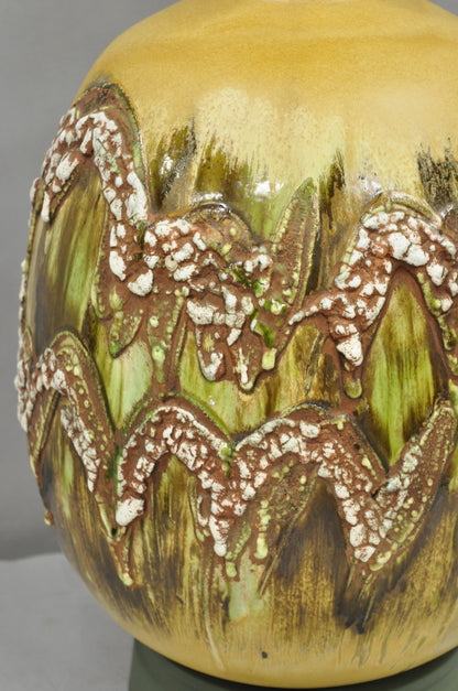 Mid Century Modern Large Volcanic Glazed Pottery Yellow & Green Table Lamp