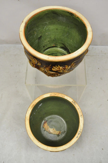 Antique Chinese Brown Glazed Ceramic Pottery Dragon Cachepot Jardinière - Pair