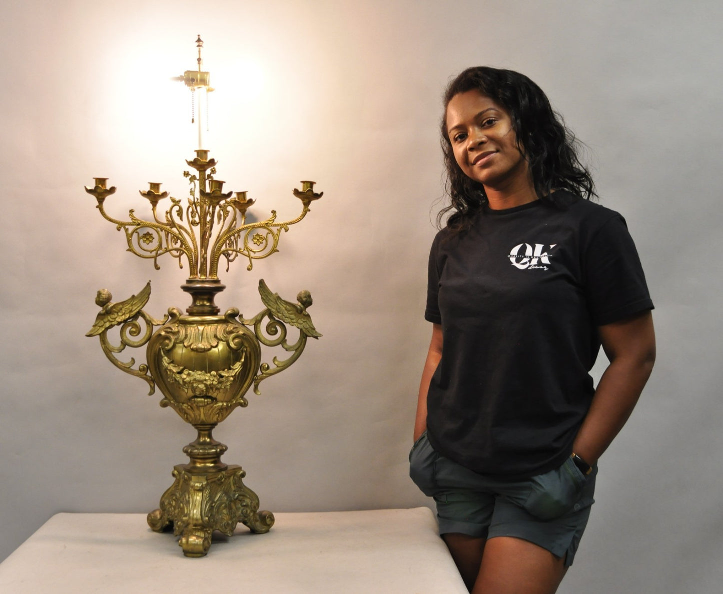 Large Antique French Rococo Louis XV Figural Cherub Bronze Candelabra Lamps Pair