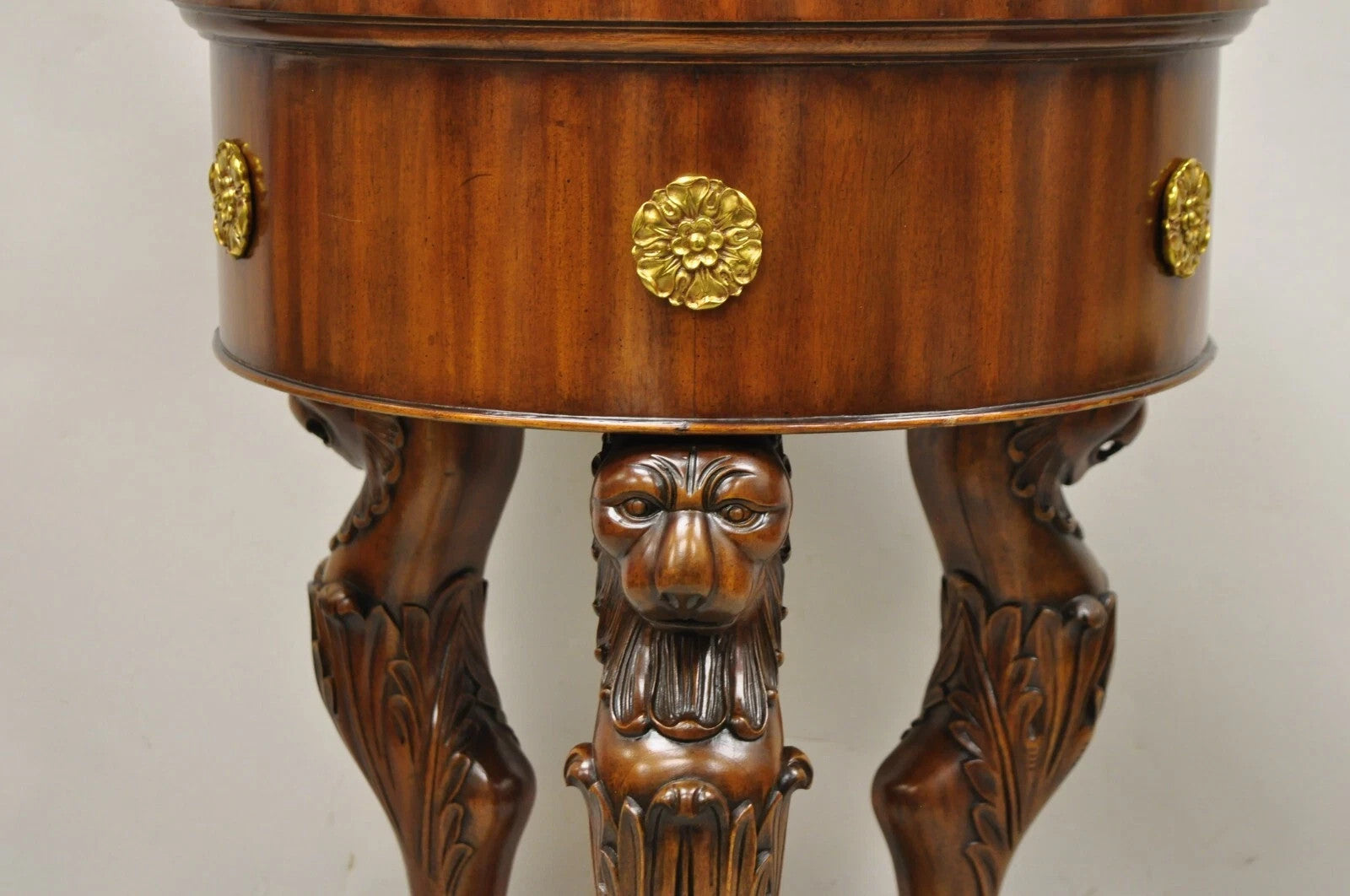Maitland Smith Regency Style Mahogany Carved Lion Leather Base Cellarete Planter