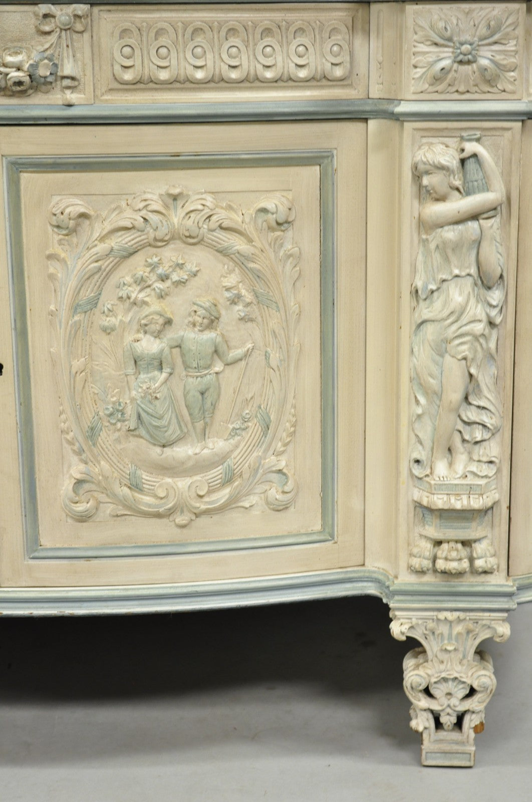 French Renaissance White Blue Painted Figural Carved Marble Top Buffet Commode