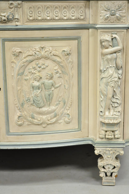 French Renaissance White Blue Painted Figural Carved Marble Top Buffet Commode