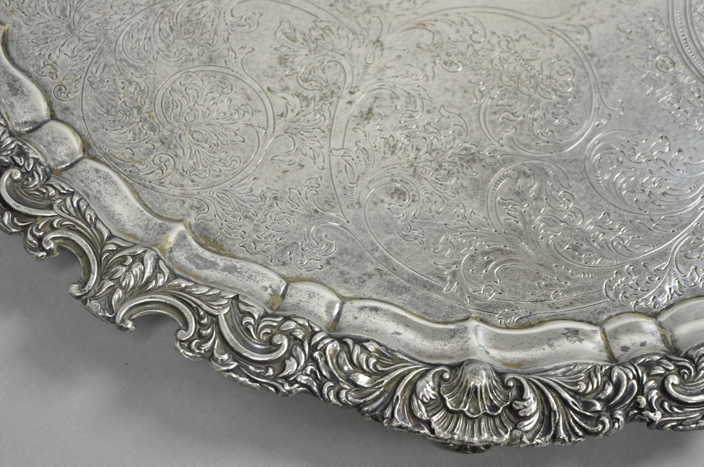 Antique English Victorian 22" Round Silver Plated Serving Platter Salver Tray