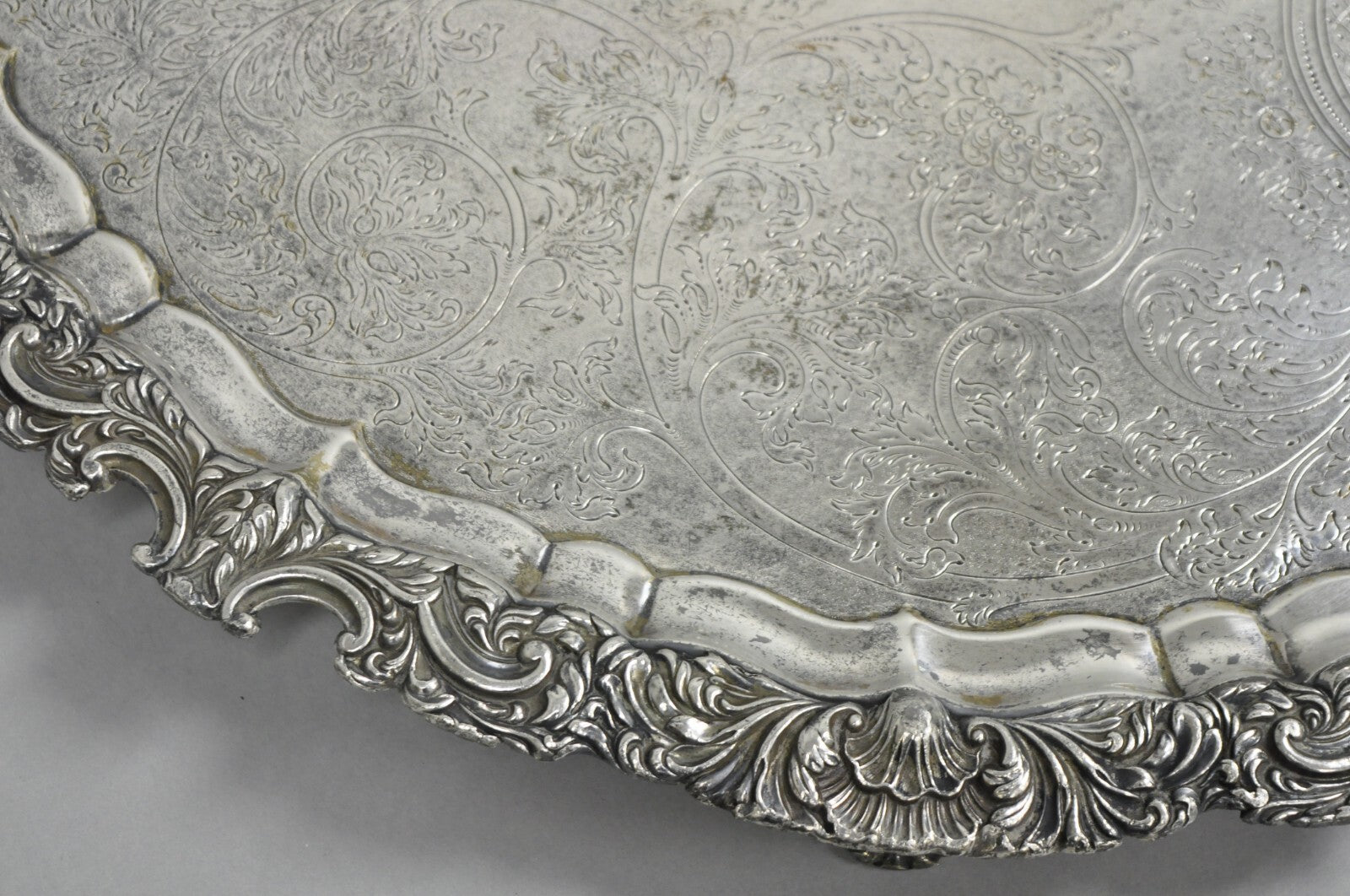 Antique English Victorian 22" Round Silver Plated Serving Platter Salver Tray