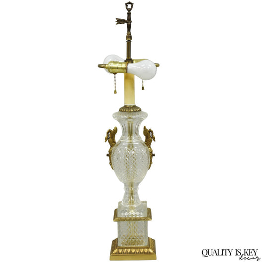 French Empire Regency Baccarat Style Glass Crystal Urn Table Lamp w/ Brass Swans